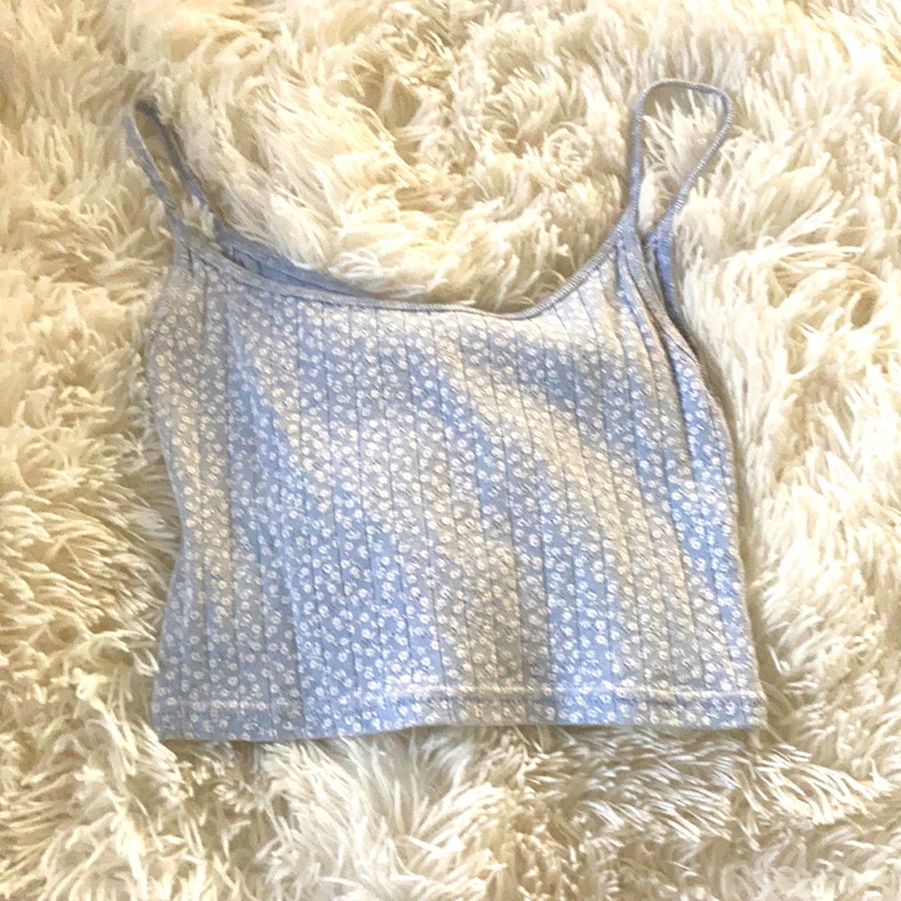 a blue and white flower cropped brandy tank top